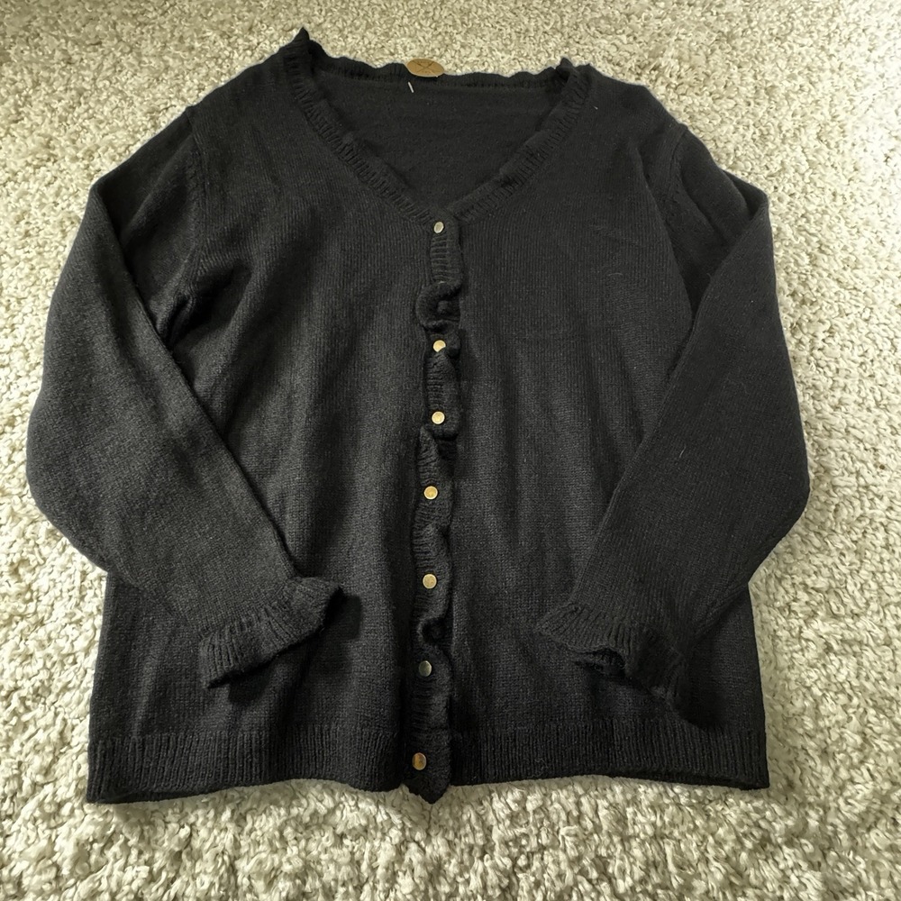 Women's Black Button Front Cardigan Sweater Ruffle Trim Long Sleeve Size Large